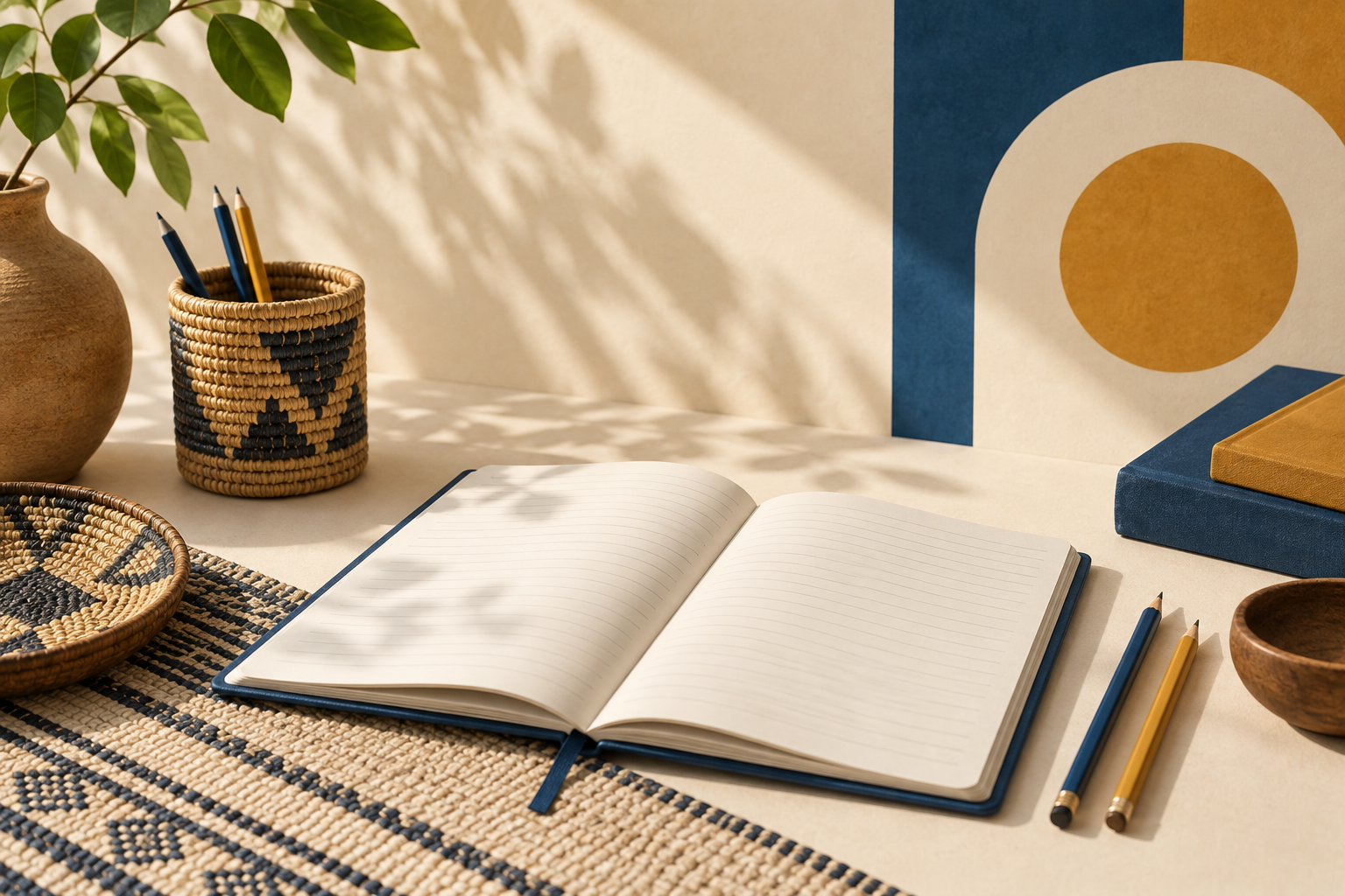 Carnet, crayons et textures chaleureuses — illustration éducative abstraite